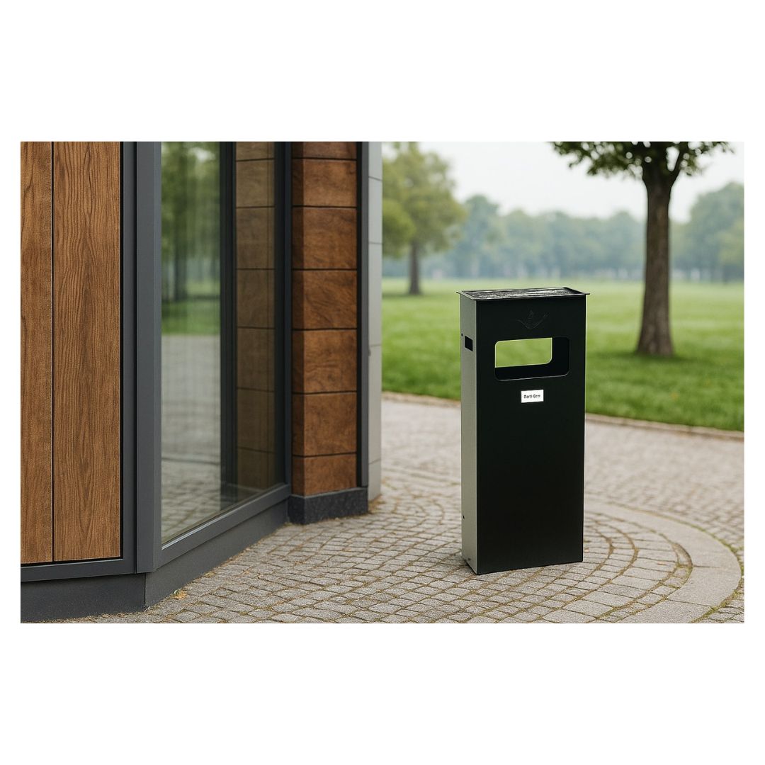 posacenere a colonna in lamiera verniciata con gettacarte e griglia inox