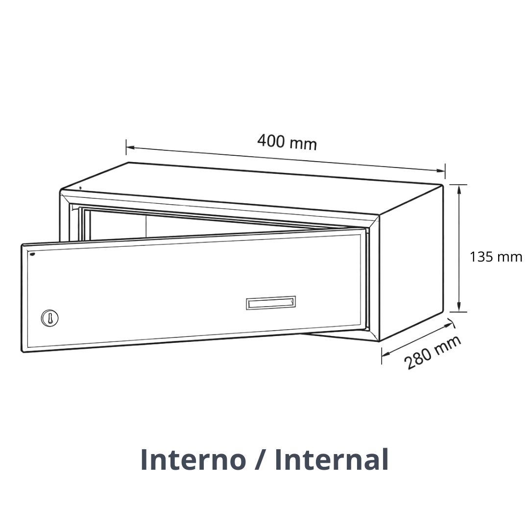 Schema tecnico della cassetta postale Ostiense con ritiro posteriore, completo di misure esterne per l’installazione a incasso.
