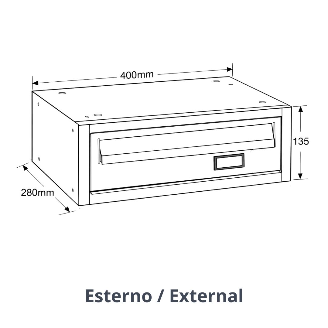Cassetta postale modulare Ostiense con ritiro posteriore installata a incasso, vista interno ed esterno
