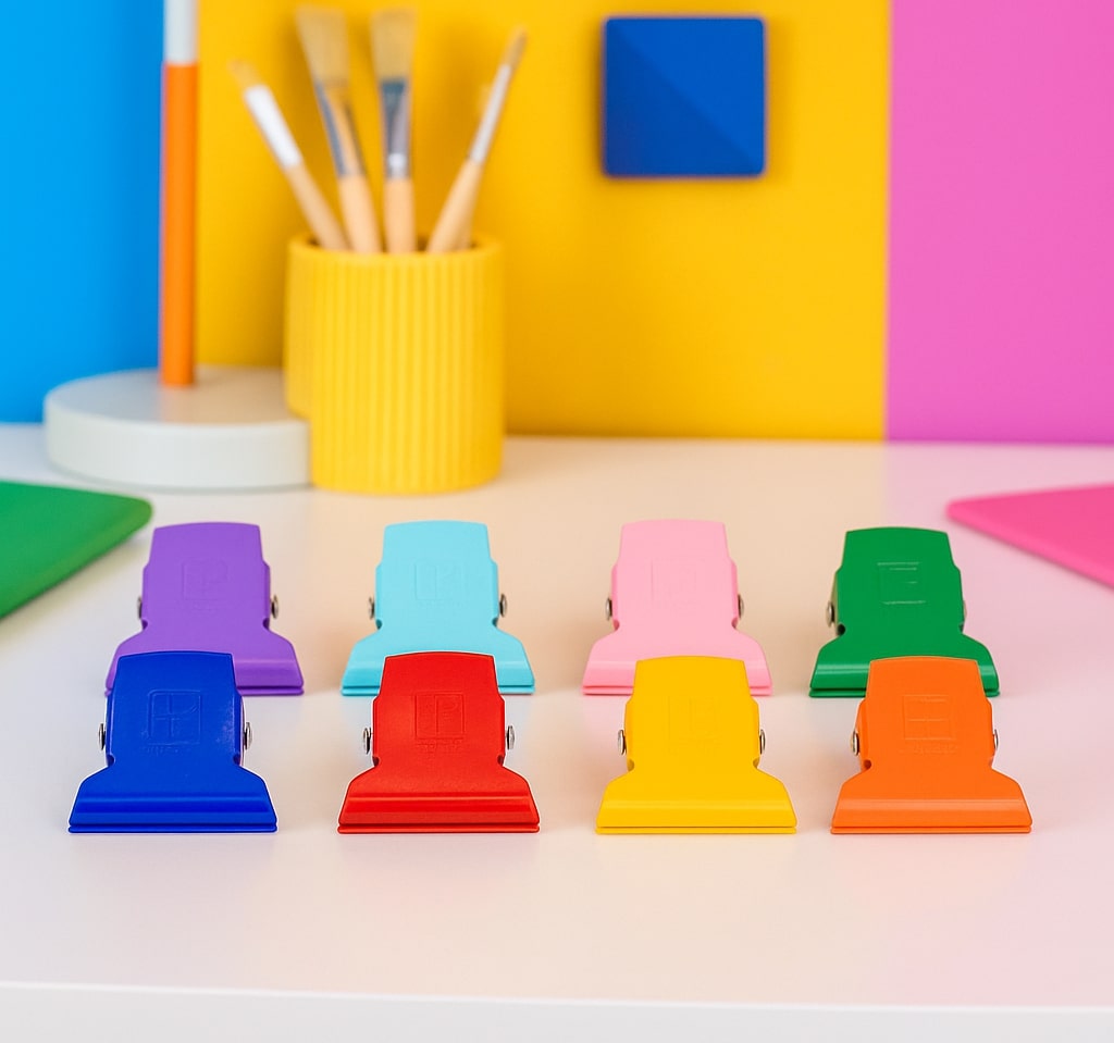 Cucitrice a pinza blu su un piano colorato